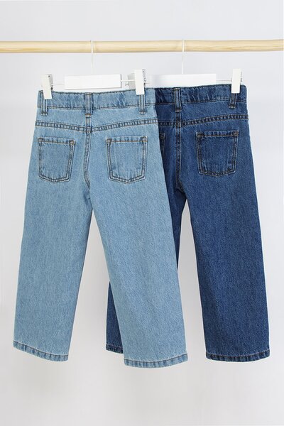 Shopmins 2-Piece Boys' Jean Denim Pants with Elastic Waist and Snap Fasteners