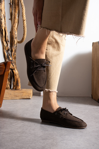 DESPİNA SULY Kadın Süet Loafer Ayakkabı – Rahat Günlük Bağcıklı Düz Taban Mokasen