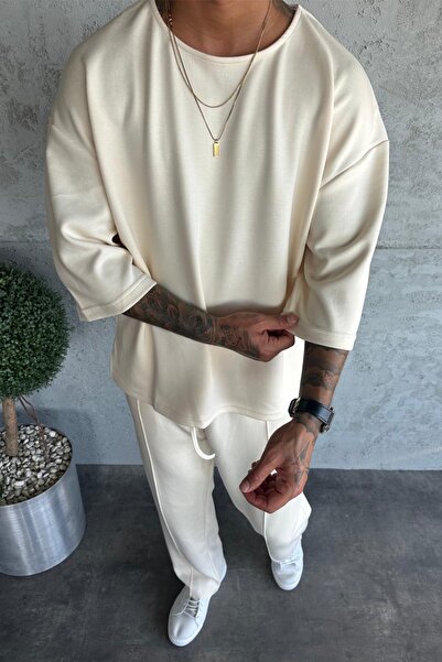 MADZEYMODA Men's Oversize Fit Oyaho Fabric Ecru T-Shirt Pants Bottom Top Set Ke-0112
