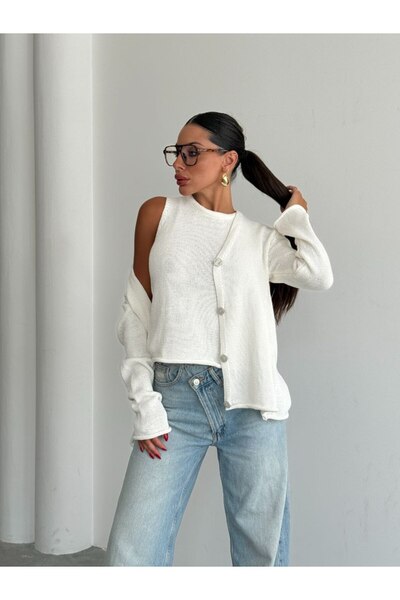 MODAMERSİ Жіночий білий трикотажний светр-топ і кардиган, комплект із двох предметів