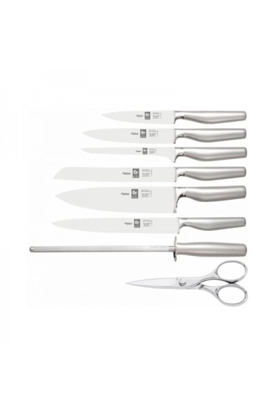 ICEL Set of 6 kitchen knives with stand, sharpening tool and multifunctional scissors, Platina Natur