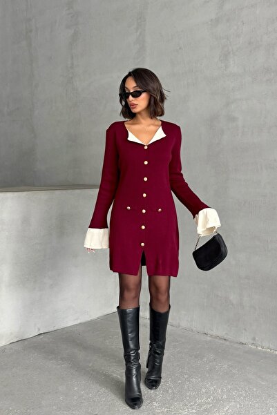 Lusin Women's Burgundy Stylish Buttoned Elegant Mini Knitwear Dress with Sleeve and Neck Detail