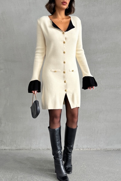 Lusin Γυναικείο μπεζ κομψό φόρεμα με λεπτομέρεια στο μανίκι και το γιακά με κουμπιά και κομψό μίνι πλεκτό φόρεμα