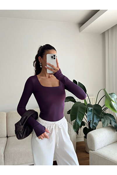 Zoom Butik Parmak Geçmeli Kare Yaka Crop - MOR