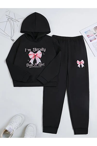 buendiakids Kız/Erkek Çocuk Just A Girl Kurdele Kapşonlu Eşofman Altı Takım