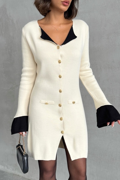 Lusin Γυναικείο μπεζ κομψό φόρεμα με λεπτομέρεια στο μανίκι και το γιακά με κουμπιά και κομψό μίνι πλεκτό φόρεμα