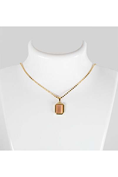 Yıldırım Orange Square Stone Women's Necklace Adjustable Chain Length and 3 C...
