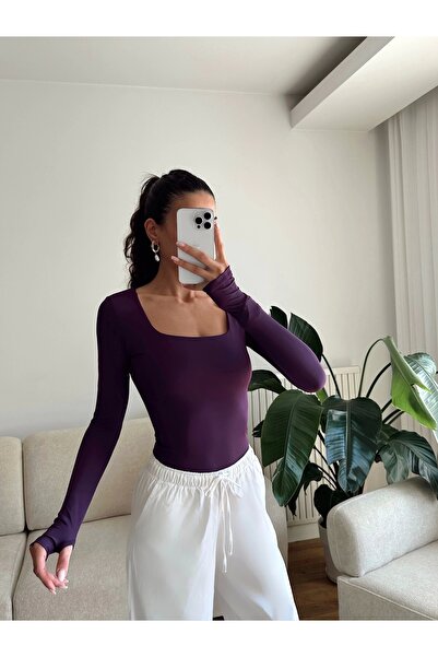 Zoom Butik Parmak Geçmeli Kare Yaka Crop - MOR