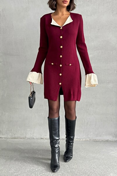 Lusin Women's Burgundy Stylish Buttoned Elegant Mini Knitwear Dress with Sleeve and Neck Detail