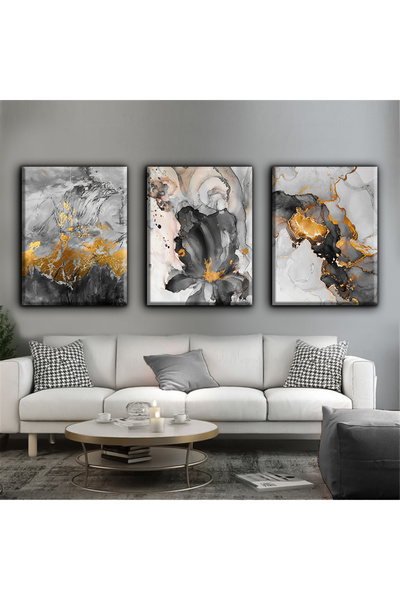 Harikabirev Black-Gold Abstract Flower Modern Painting01 |   3-Piece Vertical Frameless Canvas Painting Chsdkyknvs