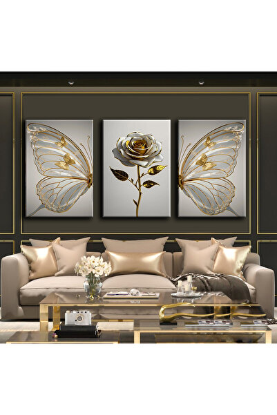 Harikabirev Gold-Gray Rose Wing Painting |   3-Piece Vertical Frameless Canvas Painting Chsdkyknvs
