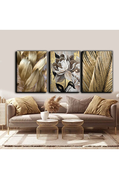 Harikabirev Pictură abstractă cu flori de aur-gri 01 | TABLO PE Pânză FĂRĂ CA...
