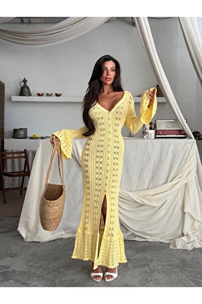 Lusin Γυναικεία κίτρινη ισπανική πλεκτή ζακέτα με μακρύ μανίκι (νέο χρώμα)