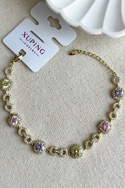 Modacaprea Xuping 14K Renkli Taşlı Kare Zincir Kadın Bileklik 17+2 cm Altın R...