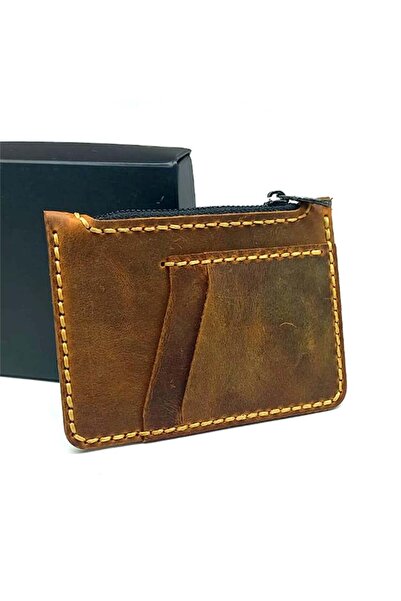 CASABA حامل بطاقات مصنوع يدويًا من الجلد الطبيعي باللون البني