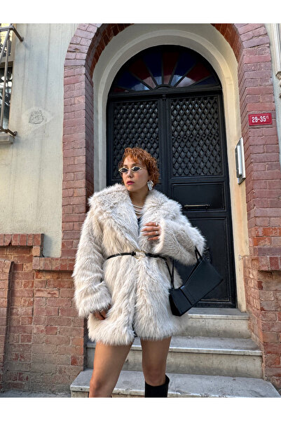 Bak'ap Premium δερμάτινο παλτό από ψεύτικη γούνα με γιακά σάλι και τσέπες Lolita με δερμάτινη ζώνη