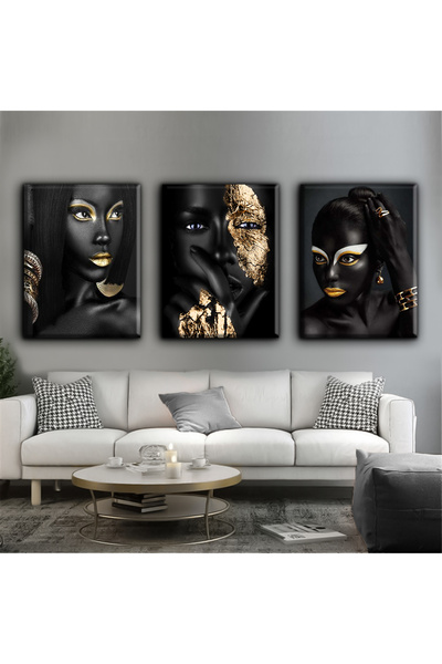 Harikabirev Gold-Black Elegant Women's Table |   3-Piece Vertical Frameless Canvas Painting Chsdkyknvs