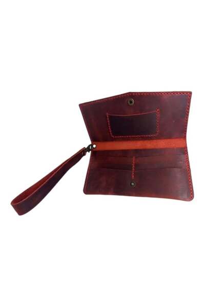 CASABA محفظة مصنوعة يدويًا من الجلد الأصلي مع حجرة للهاتف باللون الأحمر الداكن