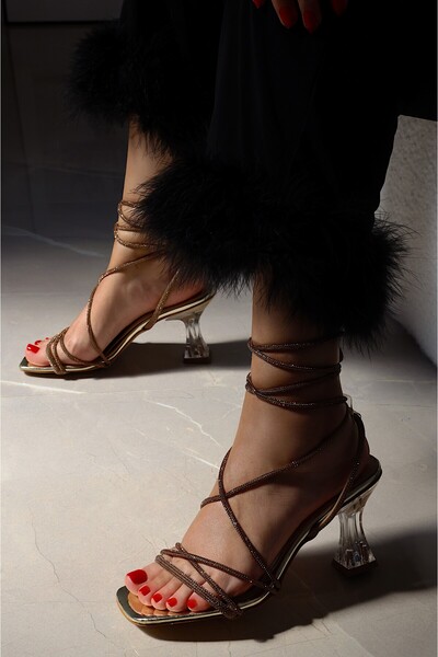 POLKA STORE Elegance Stone-Embellished Sparkling Silver Lame Gray Ankle-Strap Transparent Heeled Stylish Evening Dress Shoes