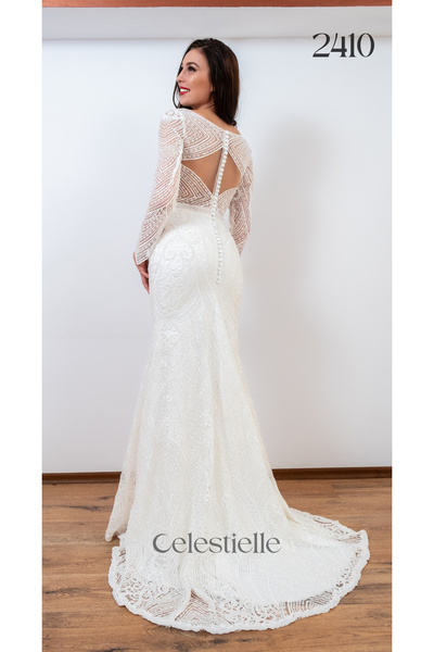 Celestielle Mermaid Wedding Dress – Long Sleeve, Backless, Train, Geometric Lace & Crystal Embellishments