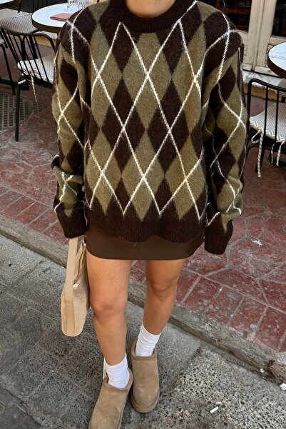 Swist Haki Zuza Baklava Desenli Bisiklet Yaka Kadın Triko Kazak