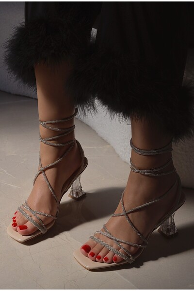 POLKA STORE Elegance Stone-Embellished Sparkling Silver Lame Gray Ankle-Strap Transparent Heeled Stylish Evening Dress Shoes