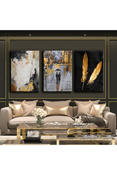 Harikabirev Gold-Gray Human Patterned Abstract Painting 01 | 3-Piece Vertical Frameless Canvas Painting Chsdkyknvs