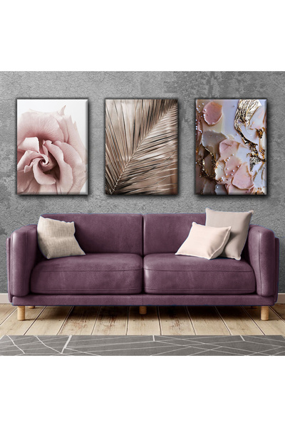 Harikabirev Pink-Gold Flower Painting 02 | 3-Piece Vertical Frameless Canvas Painting Chsdkyknvs