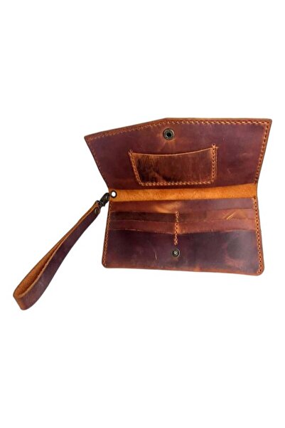 CASABA محفظة مصنوعة يدويًا من الجلد الطبيعي مع حجرة للهاتف باللون البني الداكن