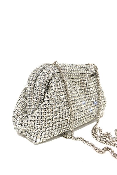 womenacs Silver Color Luxury Diamond Stone Evening Dress Clutch Portfolio Chain Strap Hand Wedding Engagement Henna Evening Bag