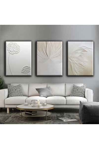 Harikabirev Unreliefed White Abstract Flower Painting | 3-Piece Vertical Frameless Canvas Painting Chsdkyknvs