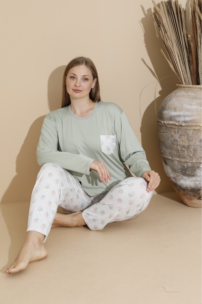 makkash Women's Milan Fabric Plus Size Curve Printed Pistachio Green Long Sleeve Pajama Set