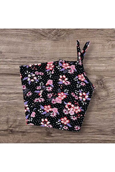 ESTA STORE Black and Pink Floral Patterned Tank Top with String Straps