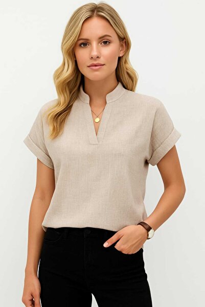 JANES Women's Short Sleeve Judge Collar Sofia Blouse Code 71271 - Beige