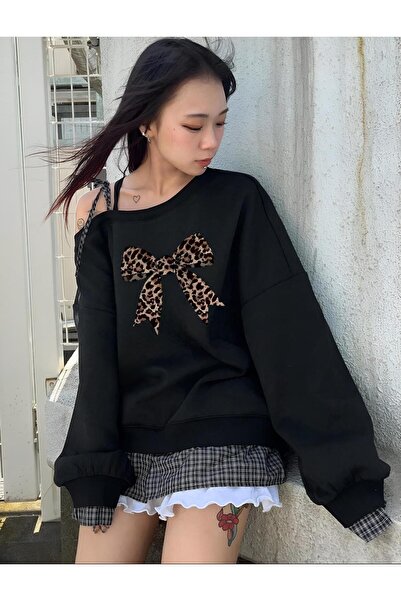 trendgar Чорна леопардова бантик принт асиметричний комір світшот