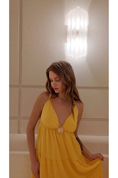 Elif Sarı gold detaylı elbise