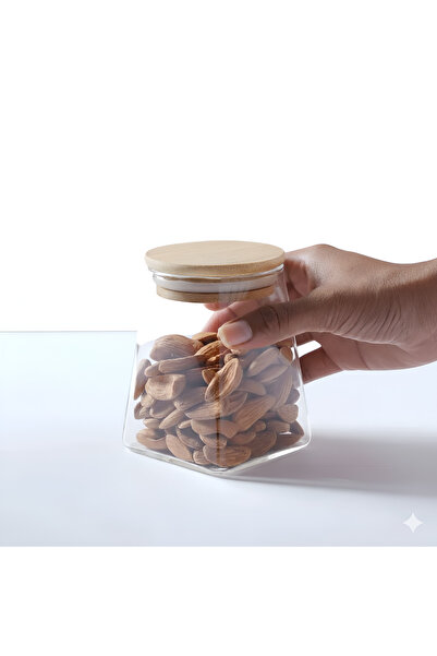 Köken Recipient de sticlă 350ml, Borcan cu capac etanș din bambus, formă trap...