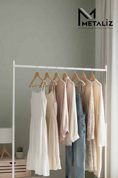 Metaliz Beyaz Pratik Tekerlekli Konfeksiyon Askısı - Kıyafet Standı ve Organizer
