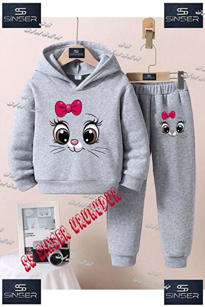 SS SİNSER Çocuk Unısex "KEDI GOZ PEMBE KURDELE" Özel Baskılı Kapşolu Eşofman Takımı