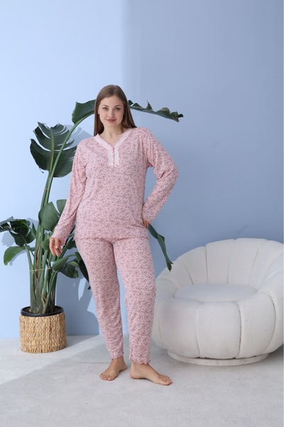 makkash Women's Plus Size Patterned V-Neck Buttoned Long Sleeve Bamboo Pajama Set