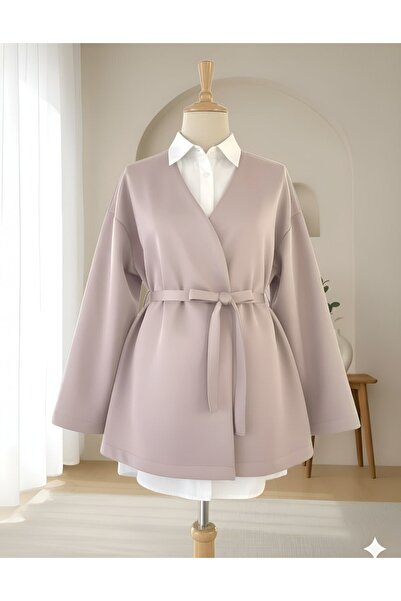 Modamorfo Beli Belted V-Neck Scuba Kimono - Beige