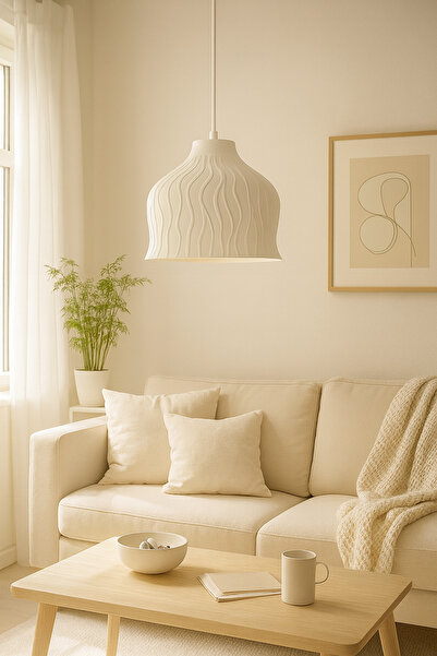 Limon 3D Desing Modern Dalgalı Desen Avize –Beyaz Tekli Sarkıt, Dekoratif Tasarım E27 Uyumlu