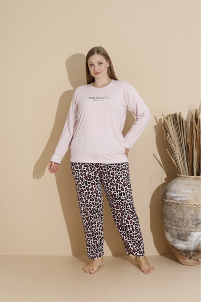 makkash Women's Milan Fabric Plus Size Curve Printed Pink Long Sleeve Pajama Set