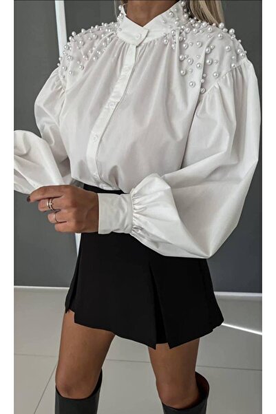 GLAMSI Sheer Shirt with Decorative Pearls – Casual Cut