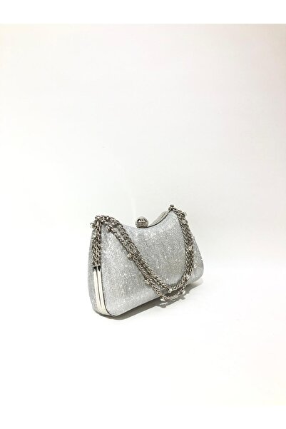 womenacs Silver Color Laser Fabric Wavy Glitter Black Evening Dress Clutch Chain Strap Hand Wedding Engagement Evening Bag