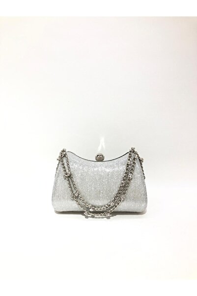 womenacs Silver Color Laser Fabric Wavy Glitter Black Evening Dress Clutch Chain Strap Hand Wedding Engagement Evening Bag