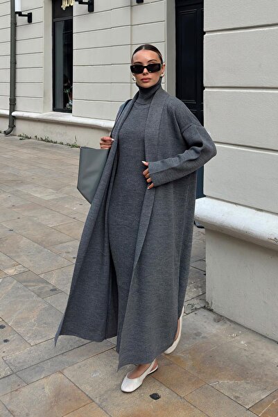 Swist Füme Balıkçı Yaka Sıfır Kol Midi Elbise-Hırka Kadın Triko Takım