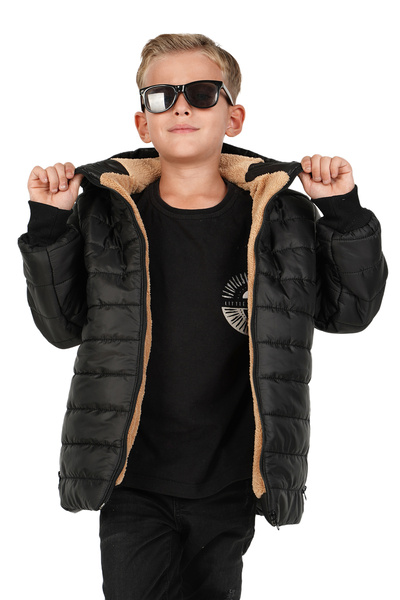 Merdia Erkek Çocuk Su ve Rüzgar Geçirmez İçi Kürklü Kapüşonlu Mont Düz Çizgi Desenli