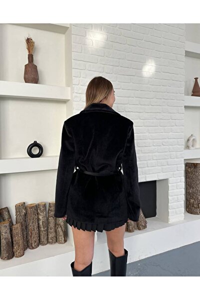 zoezoe Women's Bearded Leather Belted Blazer Jacket Coat