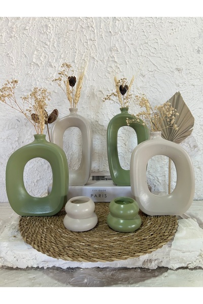 Zigzag Home Decorative Bohemian Style 6 Piece Vase and Candle Holder Set Green Beige Figurine